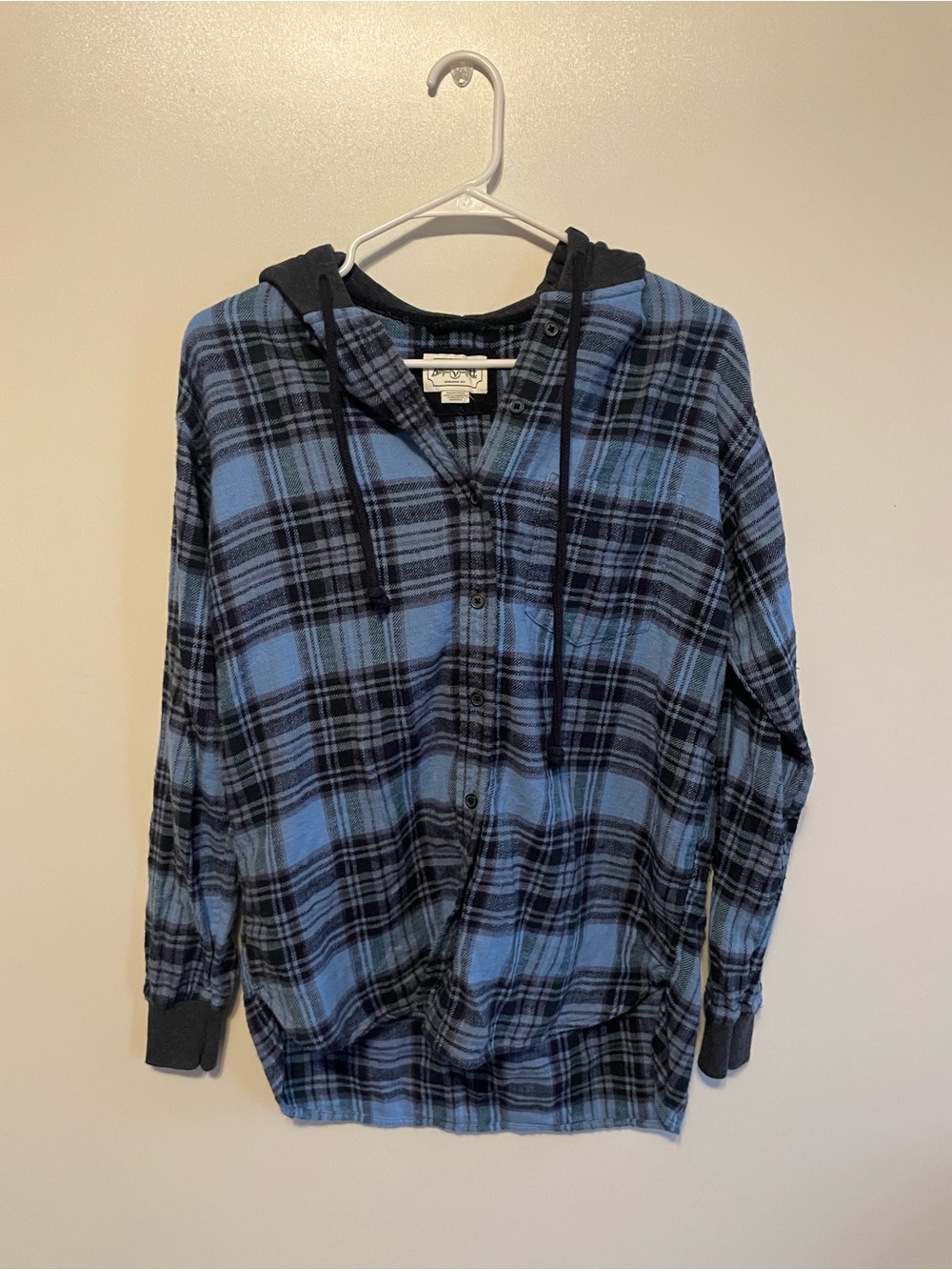 American Eagle Outfitters Blue and Black Plaid Hooded Button-Down